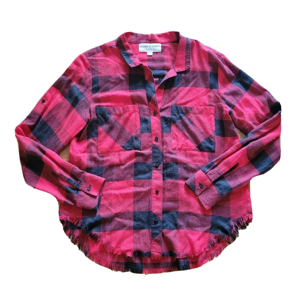 Cloth & Stone Shirt Women Small Red Black Buffalo Check Plaid Raw Hem Flannel